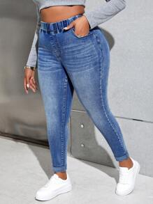 Slaydiva Plus Size Tight Sexy Denim Pants With Pockets - Medium Wash - View 6
