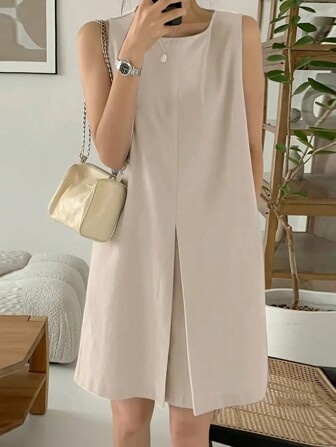 INAWLY 大碼實色無袖連衣裙，日常休閒