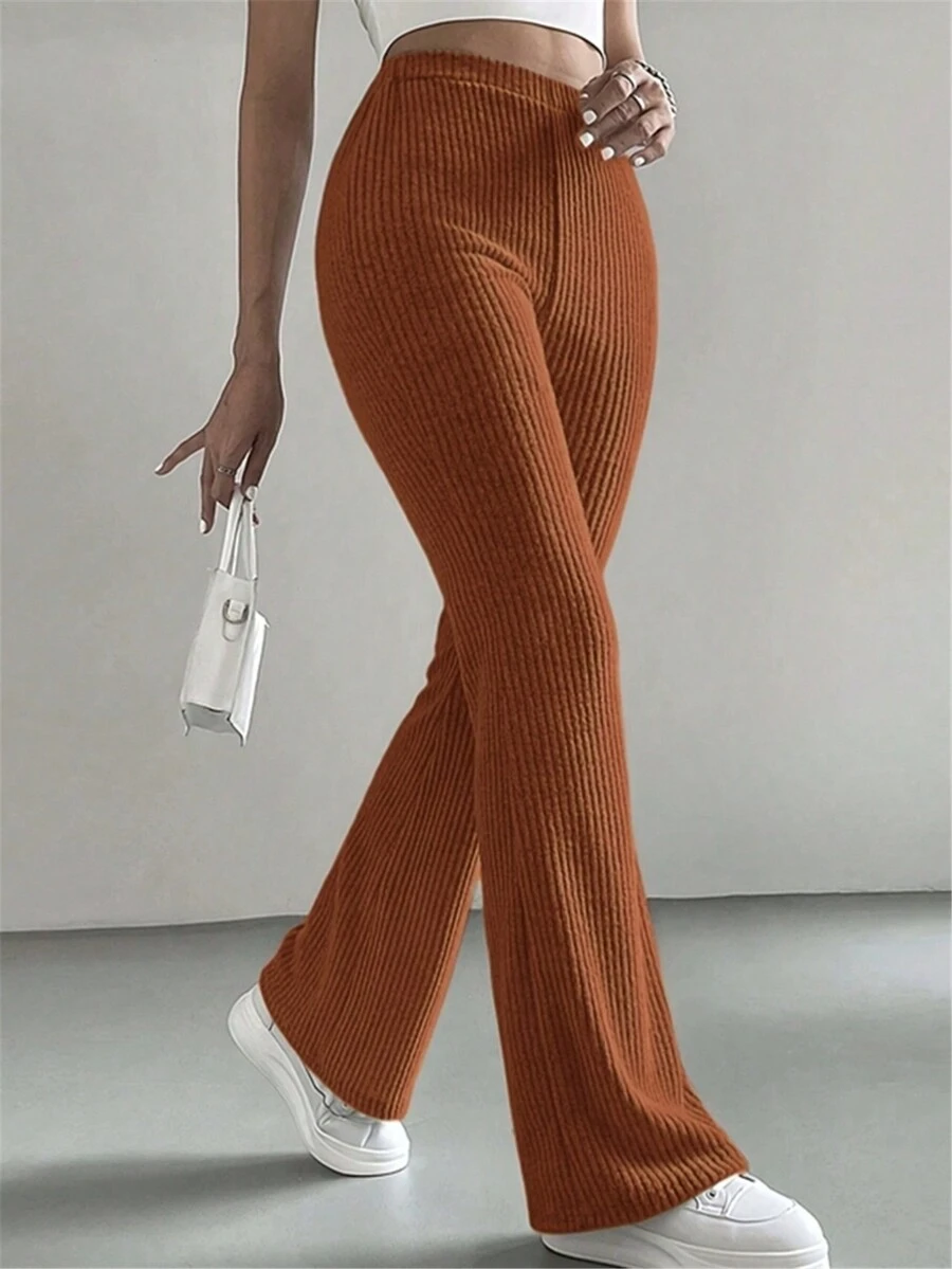 Women Casual Plain Ribbed Flare Pants - Coral Orange - View 1