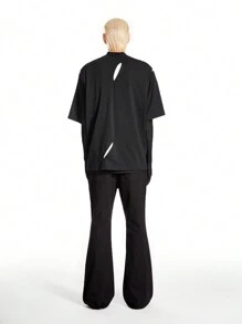 Manfinity VCAY 男士針織寬鬆下垂肩休閒T卹，採用透明拼接寬圓領，街頭風格，適合日常穿著，適用於夏季 - 黑色 - 查看 3