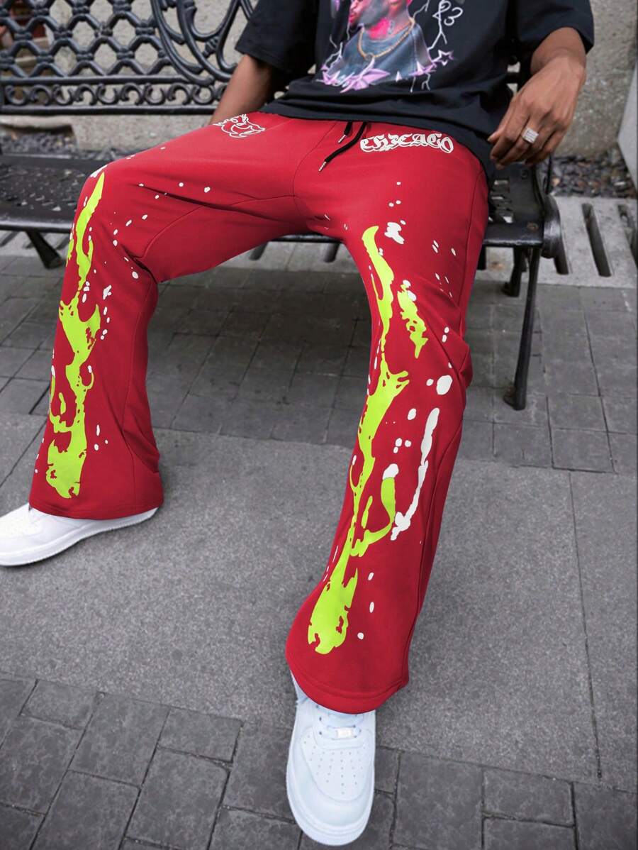 Manfinity Roghcode Manfinity Streetrush Men's Street Style Flame Printed Flared Pants - Red - View 1