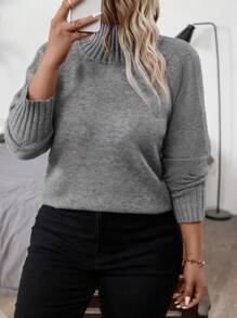 SHEIN LUNE Plus Mock Neck Raglan Sleeve Sweater, For Winter Knit Pullover Fall - Grey - View 5