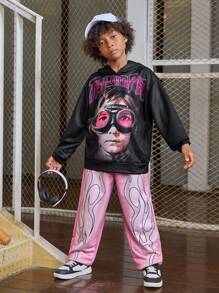 Tween Boy 3D  Letter Flame Pattern Hoodie And Pants Set - Pink - View 6