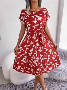 Summer Boho Floral Red Dress Batwing Sleeve Round Neck Tie Waist Pleated Ruffle Midi Short Sleeve Vacation Essential Womens Beach Sundress - Đỏ - Xem 1