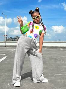 SHEIN Tween 女童街头休闲针织拼色长款阔腿运动裤 - 灰色 - 查看 5