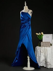 SHEIN Vestido de sereia justo com decote assimétrico e cetim premium para meninas, temporada de casamento, perfeito para festa de aniversário, banquete, vestido de noiva