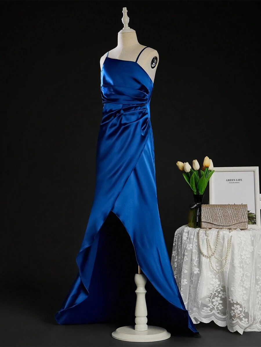 SHEIN Vestido de sereia justo com decote assimétrico e cetim premium para meninas, temporada de casamento, perfeito para festa de aniversário, banquete, vestido de noiva