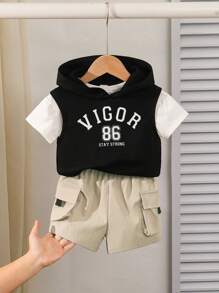 SHEIN 3入組嬰兒男女休閒字母印花連帽無袖上衣配彈性腰口口袋短褲和短袖T恤，適用於夏季