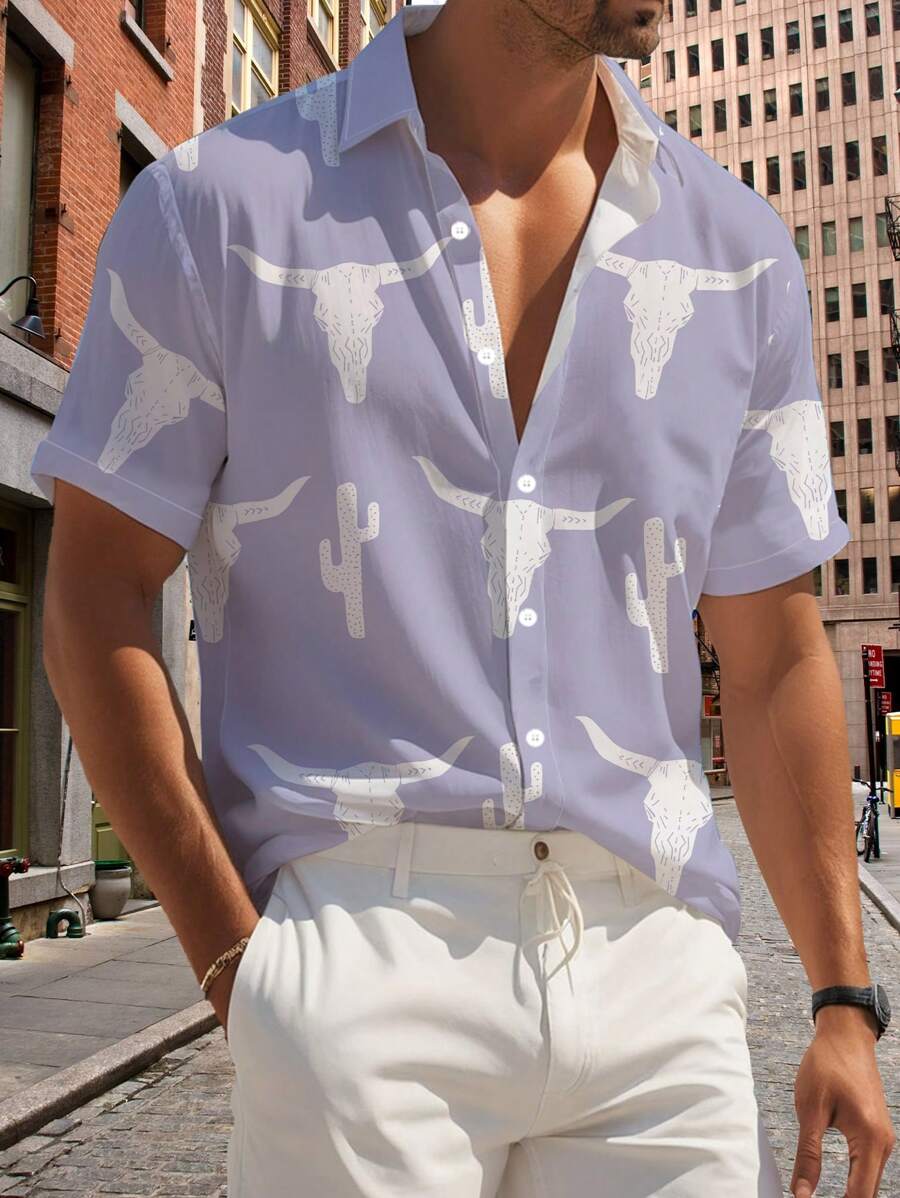 Men Bull Head Print Short Sleeves Shirt - Multicolor - View 1