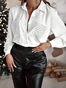 Women's Spring&Summer Plus Pocket Lapel Solid Shirt Blouse Tops - White - View 1