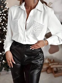 Women's Spring&Summer Plus Pocket Lapel Solid Shirt Blouse Tops