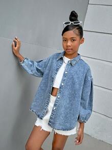 SHEIN Tween Girl Y2K Casual Stonewashed Drop Shoulder Baggy Soft Denim Shirt,Tween Girl Back To School Clothes Outfits