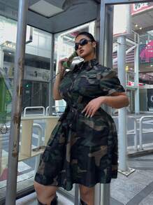 Flirla 附帶口袋的迷彩印花腰帶無袖連衣裙，大尺碼，夏季 - 彩色 - 查看 6