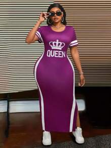 Maweii Váy Maxi Nữ Mùa Hè Có Đường May Bên Hông Tương Phản Họa Tiết Chữ Plus - Màu tím - Xem 3