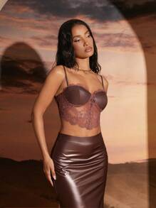 SHEIN Unity Camisole Party-Oberteil aus PU-Leder mit Spitzenbesatz - Rot - Übersicht 4