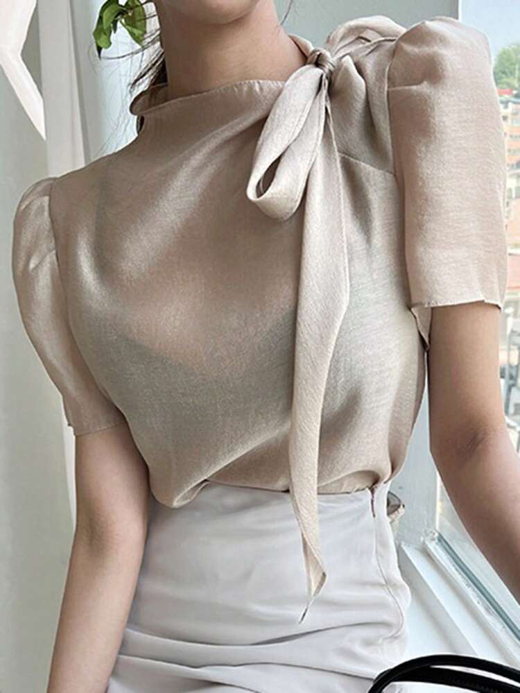 Women's Solid Color Tie Neck Puff Sleeve Elegant Blouse