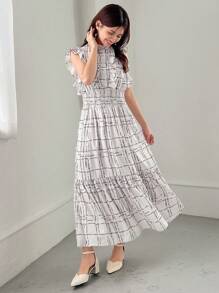 FRIFUL 女士简约日常印花无袖连衣裙，荷叶边 - 米色 - 查看 2