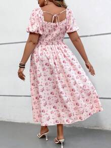 SHEIN VCAY Plus Size Fall/Winter Back-To-School Sisters Gathering Ruched Bust Romantic Print A-Line Long Dress