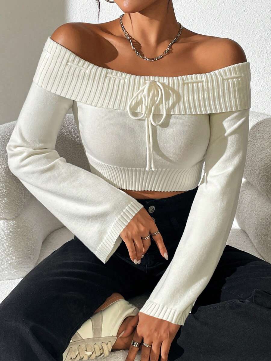 SHEIN Unity Off Shoulder Knot Front Crop Sweater For Dailywear, Knit Pullover Fall Winter - Beige - View 1