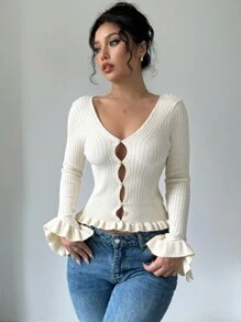 Chiquease V-Neck Ribbed Knit Cardigan With Pearl Buttons And Flare Sleeves, Autumn And Winter - Beige - View 5