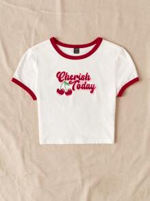 SHEIN EZwear Cherry & Letter Graphic Contrast Binding Crop Tee