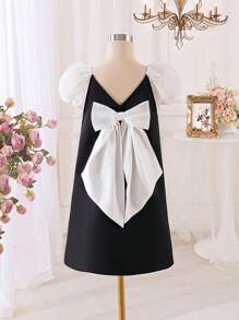 Tween Girl Loose Elegant Color-Block Puff Sleeve Dress With Back Bow Decoration