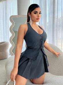 SHEIN SXY Conjunto de chaleco sin mangas con escote en V en la espalda y falda con decoración de lazo, 2 piezas