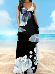 Vestido con tirantes largos y bolsillos, con estampado degradado para mujeres - Azul - Ver 2