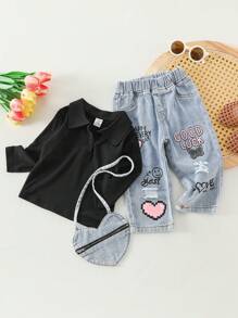 寶寶女孩流行有領上衣配破洞長褲套裝和袋子 - 彩色 - 查看 1