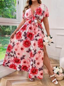 SHEIN Clasi Plus Size Floral Printed Top With Tie Front And High-Slit Skirt Two Pieces Set - Multicolor - View 4