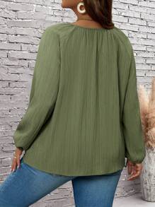 EMERY ROSE Blusa con botones al frente de manga larga en tela lisa para uso diario (tallas grandes)