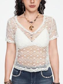 ROMWE Hippie Knitted Hollow-Out Jacquard Bohemian Holiday Top - White - View 3