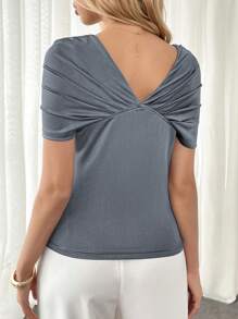 Chiquease Women's Summer Solid Color Slim Fit Off-Shoulder Pleated T-Shirt - Grey - View 2