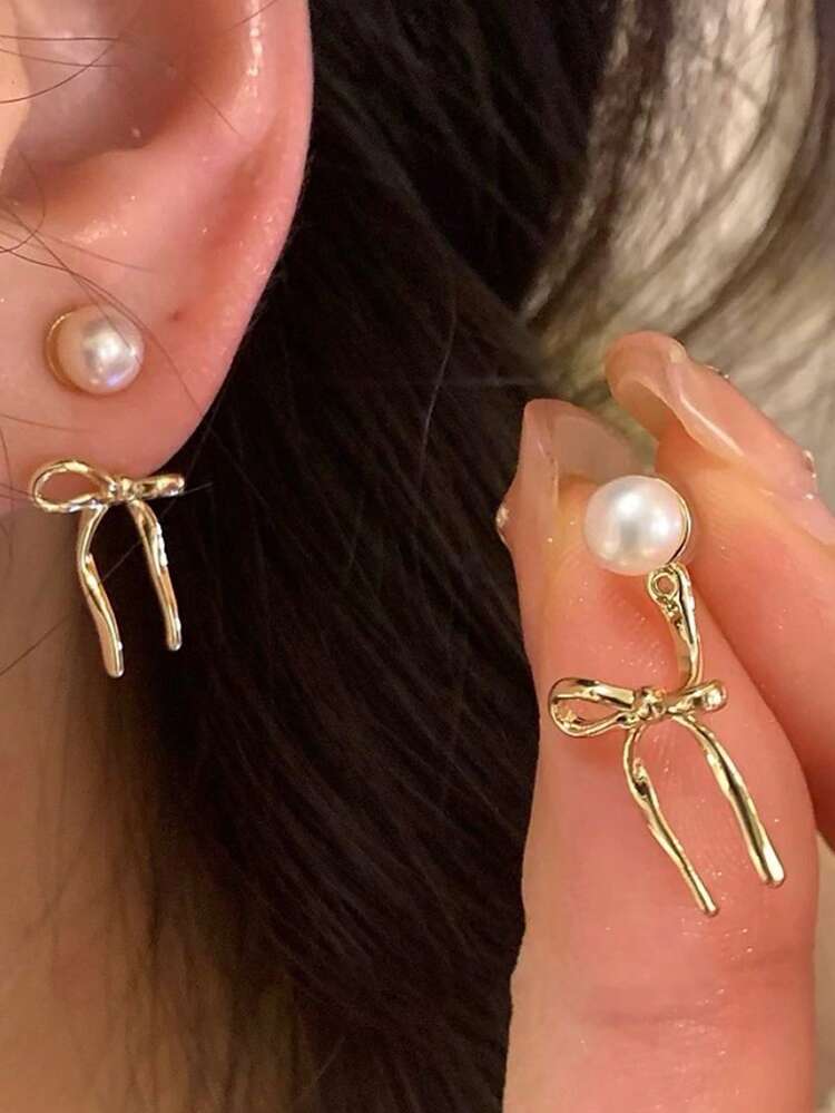 Women's Faux Pearl Decorated Bow Knot Earrings Valentines,Mom,Mother,Mother's Day,Gift