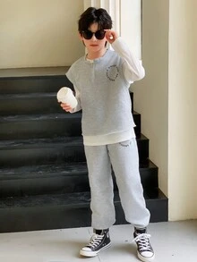 SHEIN Bộ 3 món áo vest, áo phông và quần rộng rãi cho bé trai Tween cho mùa xuân thu - Xám - Xem 6