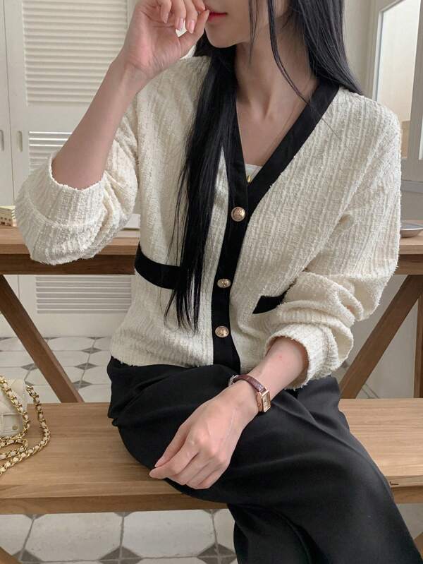 DAZY Women's Casual Business Color Block Trim Regular Jacket