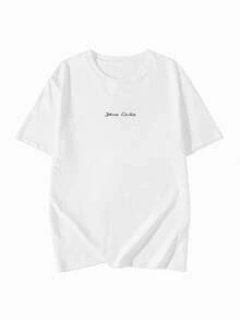 Women Loose Casual Letter Print Scoop Neck Drop Shoulder Short Sleeve T-Shirt, Summer