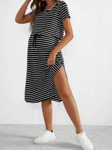 SHEIN Maternity Summer Round Neck Short Sleeve Striped Waist-Tied Casual Nursing Dress - Black and White - View 6
