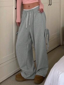 DAZY Pantalon de jogging ample gris ample à large jambe et nœud papillon sur le côté pour femmes, pour un port quotidien - Gris - Voir 9