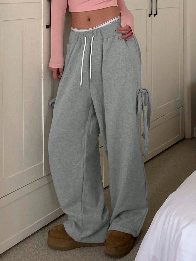 Women's Bowknot Side-Tie Casual Loose Wide Leg Grey Baggy Sweatpants For Daily Wear Women Joggers