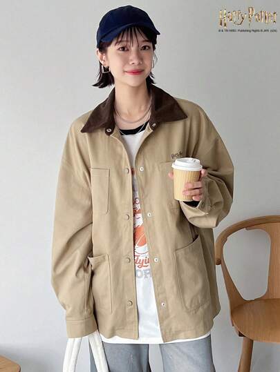 Harry Potter X Friful Women's Spring And Autumn Casual Loose Fit Color-Blocked Jacket With Wide Collar,Fall Women Clothes