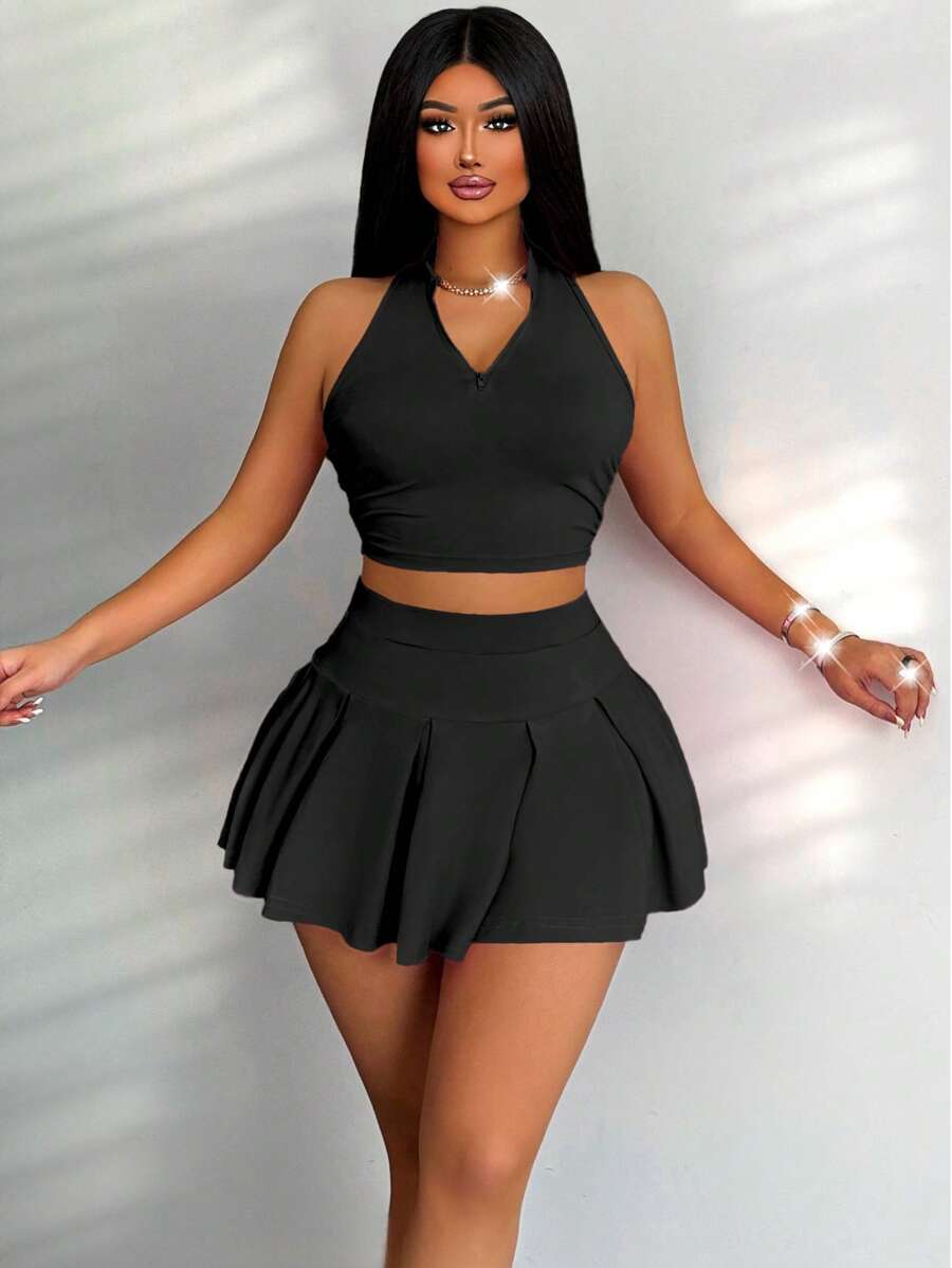 Zolique Solid Color Zipper Half Front Fashionable Tank Top And Solid Color Pleated Skort Set, Academic Sexy And Playful Style - Black - View 1
