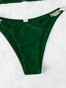 SHEIN Swim 吊带背心式系带分体比基尼上衣和下装泳装夏季 - 墨綠色 - 查看 3