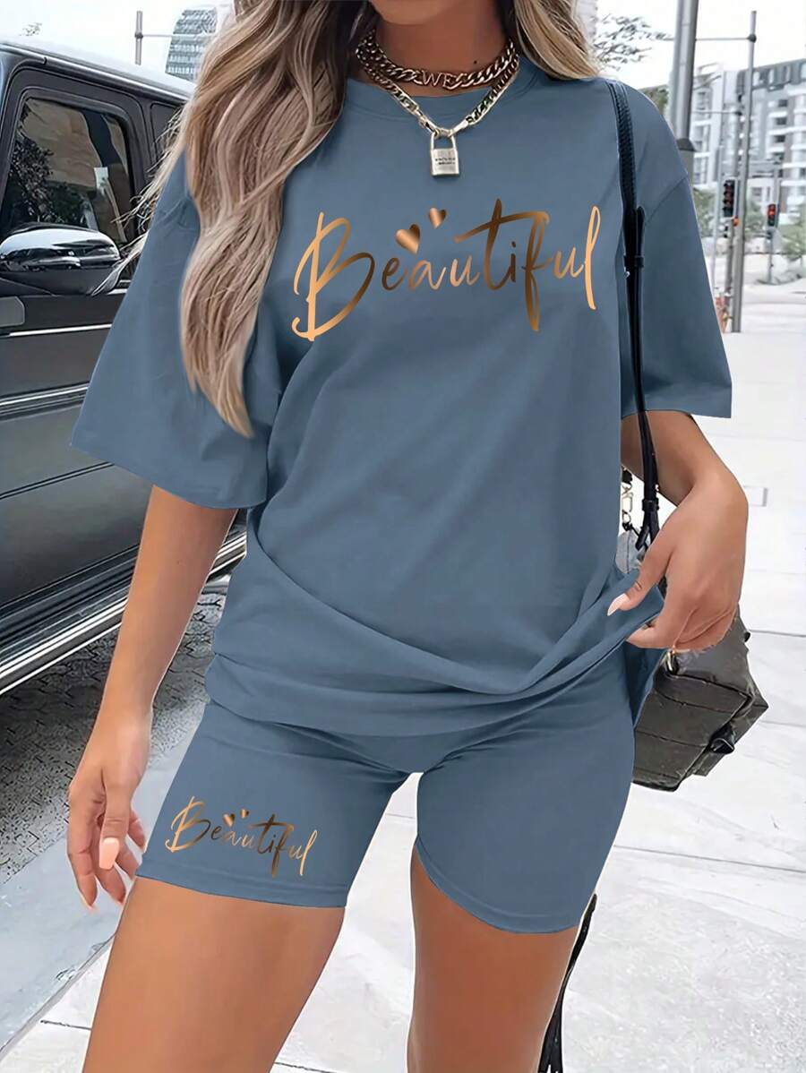 SHEIN Letter Graphic Drop Shoulder Tee & Biker Shorts - Dusty Blue - View 1
