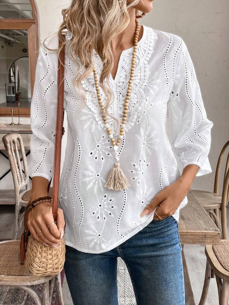 Damen Herbstkleidung, einfache lässige Bluse mit geschlitztem Ausschnitt und Langarm Einfarbig, Tops mit Dreiviertelarm