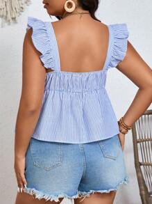 SHEIN Frenchy 大码舒适亚麻纹理条纹印花蝴蝶帽袖上衣，胸部有褶皱，宽松版型，夏季纯色，暑假季节，舒适浅蓝色上衣，波西米亚风，返校服装，秋季上衣 - 藍色 - 查看 4