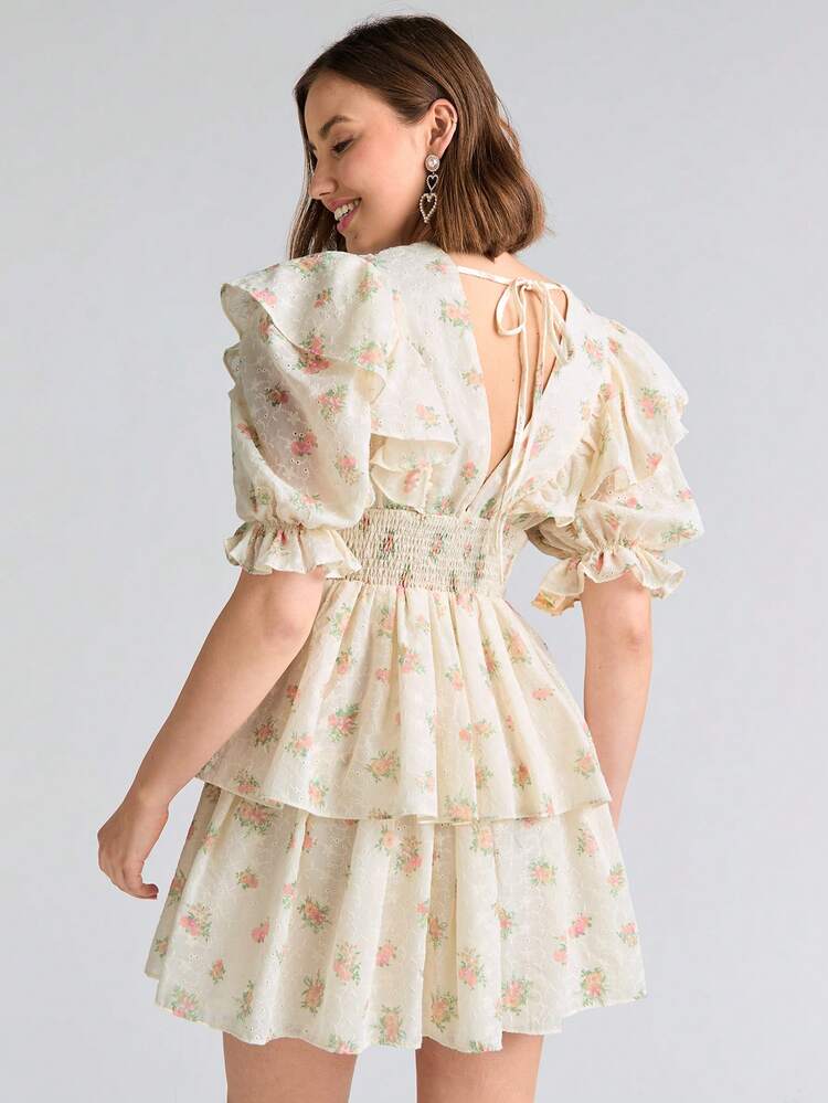 Fall Holiday Romantic White Ditsy Floral Print Ruffle Trim Puff Sleeve Dress