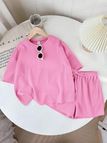 SHEIN LMoss Kids Bộ 2 món áo len tay ngắn trơn và quần short rộng rãi cho bé gái tuổi mới lớn LMoss - Màu Hồng  Dưa hấu - Xem 7