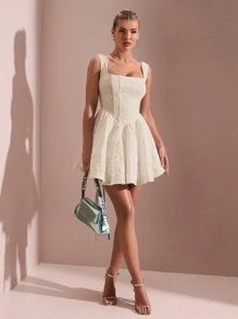 SHEIN BAE Women's Jacquard Backless White Graduation Dress With Bow Decoration - Apricot - View 6