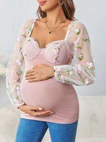 SHEIN Maternity Mesh Embroidery Patchwork Party Pregnancy T-Shirt - Pink - View 1